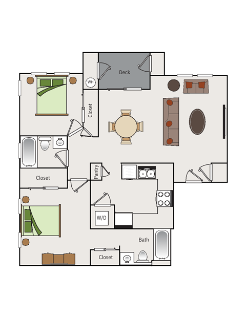Floor plan for 2 beds, 2 baths, 892 sqft